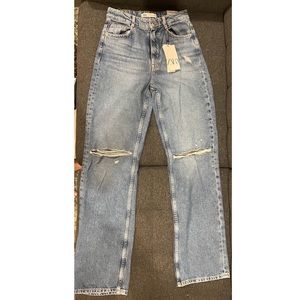 Brand new, tags on, cinched waist, wide leg, distressed Zara jeans